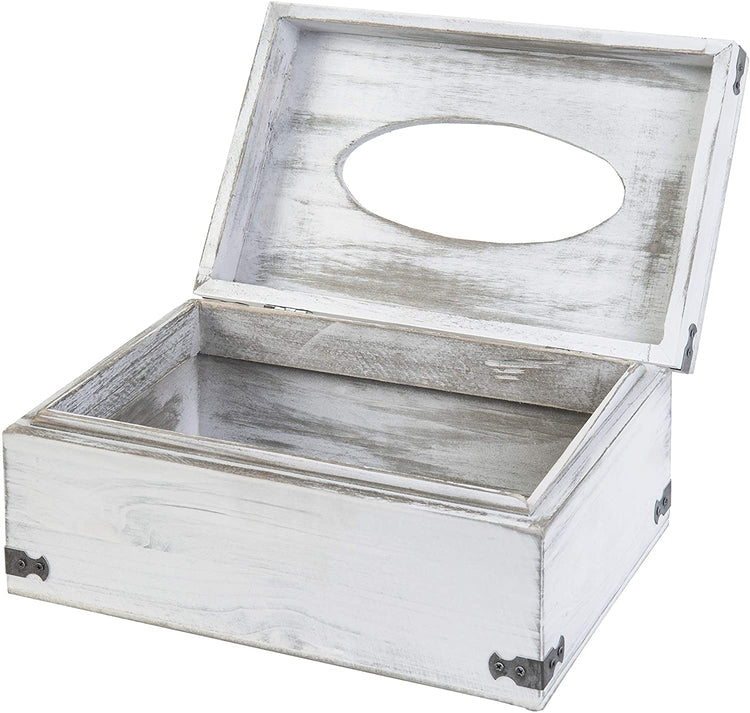 Vintage White Distressed Wood Tissue Box Holder with Hinged Lid-MyGift