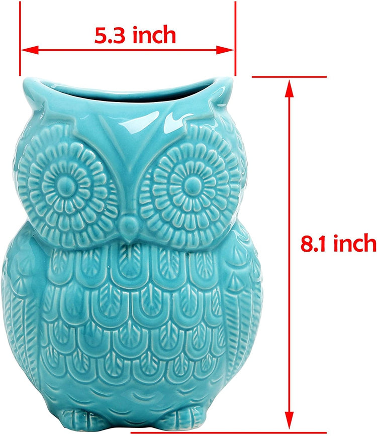 Aqua Blue Owl Cooking Utensil Holder, Ceramic Kitchen Storage Crock-MyGift