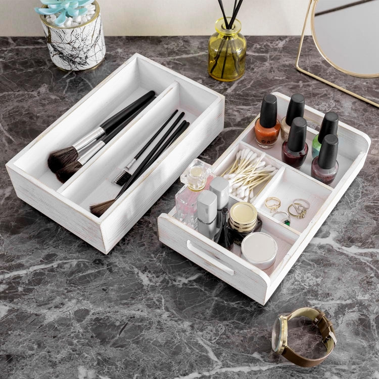 2 Tier White Washed Wood Vanity Storage Organizer Box, Bathroom Countertop Caddy-MyGift