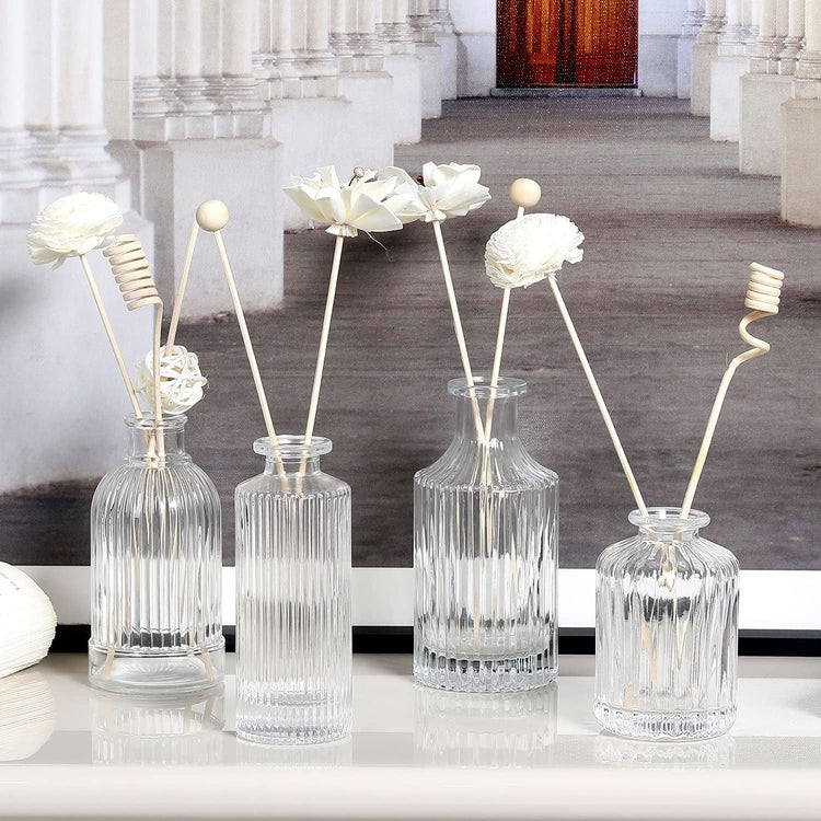 Clear Glass Reed Diffuser Bottle, Small Flower Bud Vase, Apothecary Ribbed Decorative Bottles, 4 Piece Set-MyGift