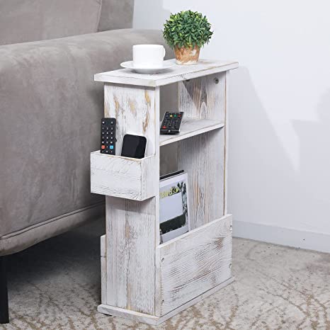 2 Tier Shabby Whitewashed Wood End Table with Magazine Holder, Display Shelf and Remote Control Holder Rack-MyGift