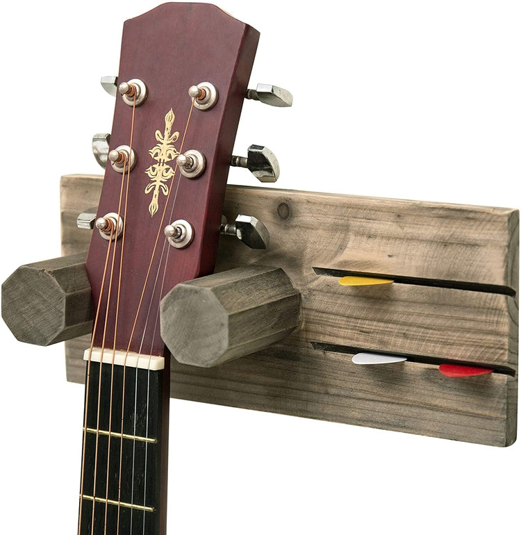 Graywashed Wood Wall-Mounted Guitar Hanging Rack w/ Pick Holder, Brown Guitar Equipment Holder-MyGift