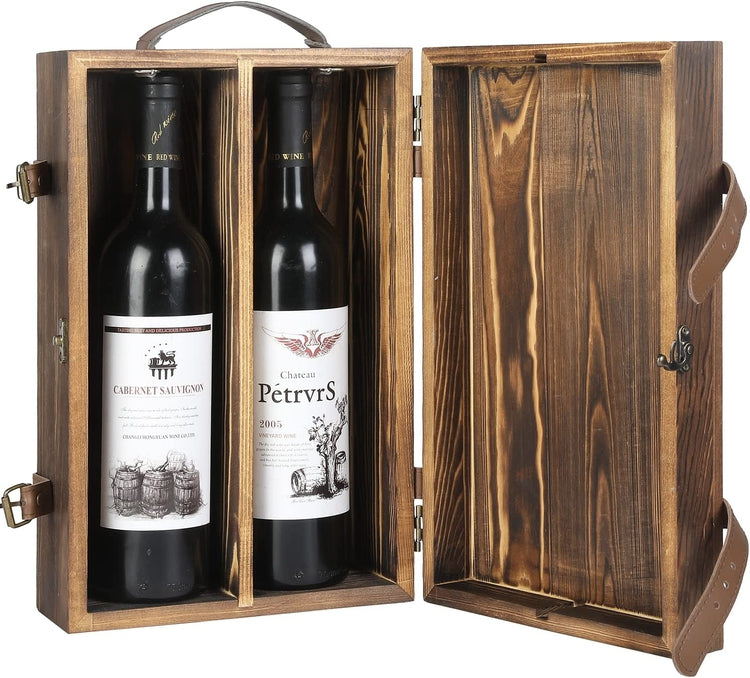Burnt Wood Double Bottle Wine Gift Box Carrier with Leatherette Straps, Top Handle, Vintage Clasp-MyGift