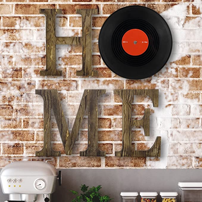 Dark Burnt Wood Wall Mounted Home Letter Sign with Vinyl Record Design-MyGift