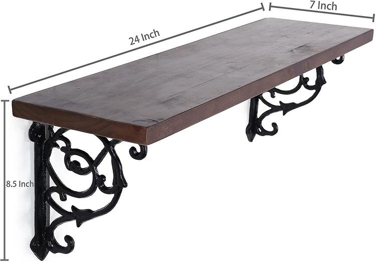 24-Inch Victorian Style Floating Shelf with Decorative Cast Iron Brackets-MyGift