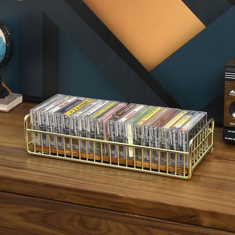 Retro Cassette Tape Storage Rack with Brass Tone Metal Wire Frame and Burnt Wood Base-MyGift