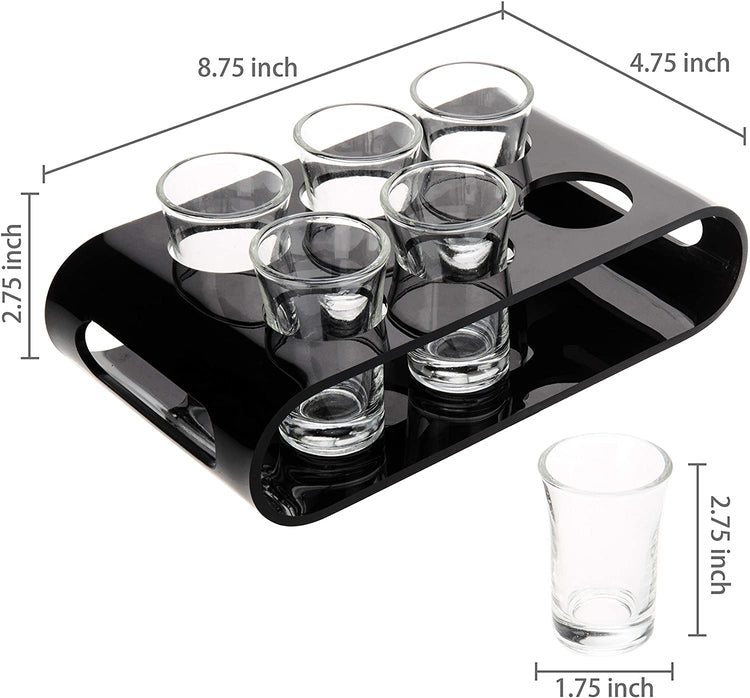 Glossy Black Acrylic Shot Glass Holder Serving Caddy with 6 Shot Glasses-MyGift