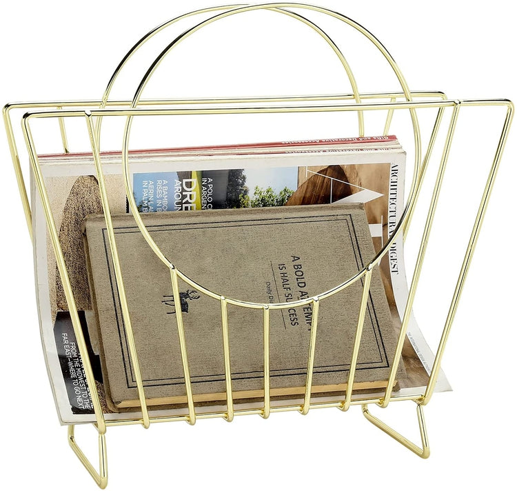 Mid-Century Brass Plated Metal Wire Handbag Shaped Magazine Holder Rack-MyGift