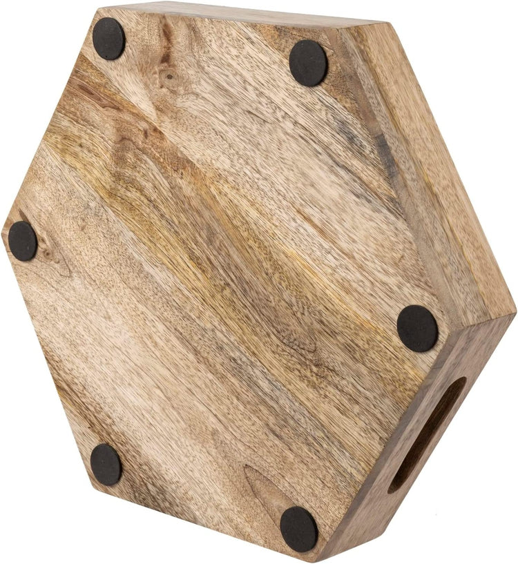 13 Inch Mango Wood Hexagonal Serving Tray, Handcrafted Coffee Table Tray with Cutout Handles-MyGift