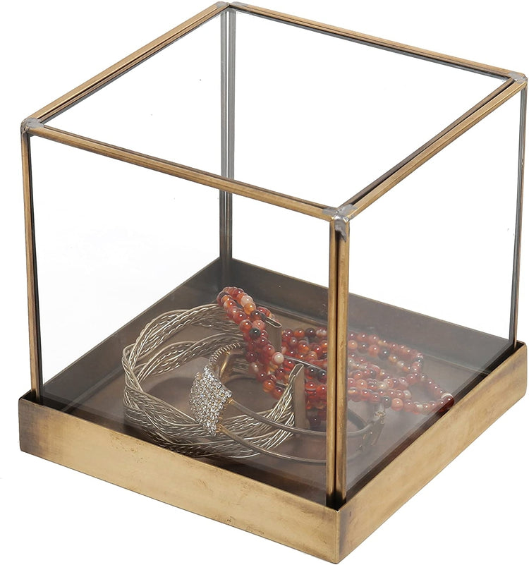 5 inch Glass Plant Terrarium, Lidded Shadow Box with Vintage Brass Frame-MyGift