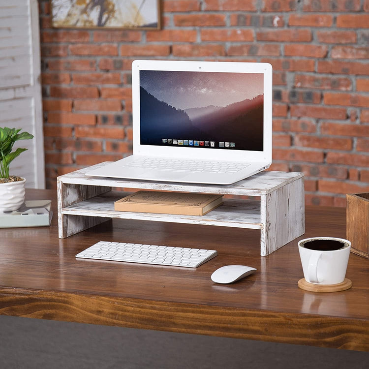 2-Tier Rustic Whitewashed Wood Computer Monitor Stand and Desktop Shelf-MyGift