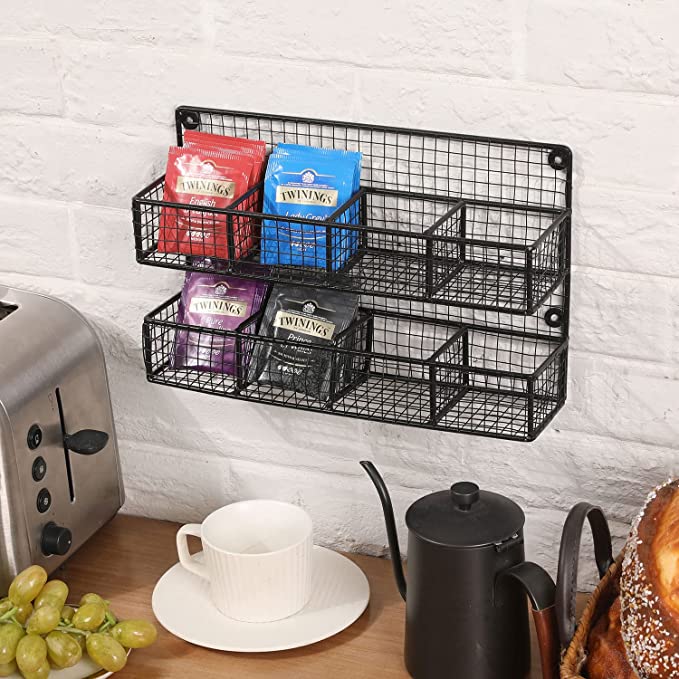 Wall Mounted Rustic Matte Black Metal Mesh Wire Tea Bag Organizer Rack ...