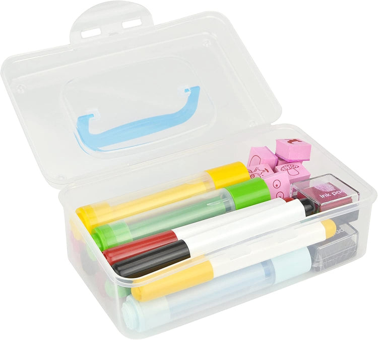 Multi Purpose Clear Plastic Travel Storage Box, Blue Handle Portable Transparent Container Bin-MyGift