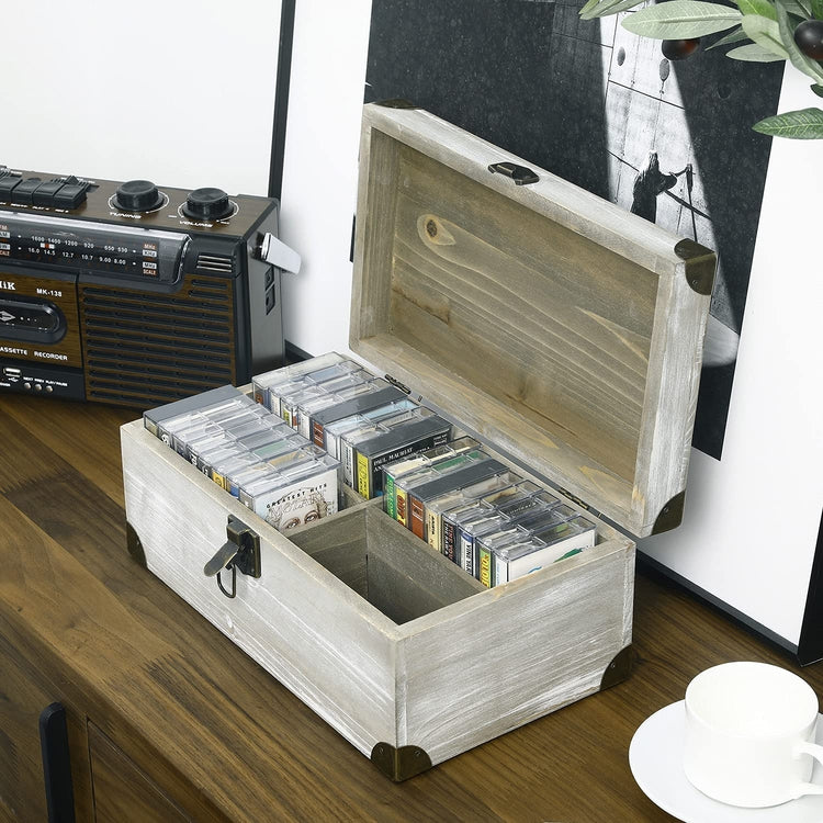 Whitewashed Brown Wood Retro Audio Cassette Tape Storage Box with Vintage Brass Metal Bracket Accents-MyGift