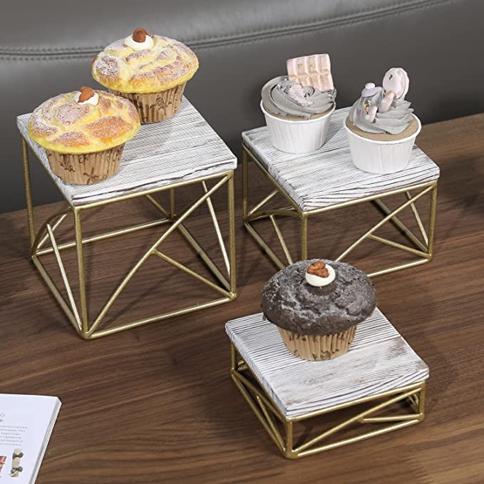 Rustic Whitewashed Wood Top and Geometric Brass Metal Wire Base Cupcake Stand, Dessert Display Risers, Set of 3-MyGift