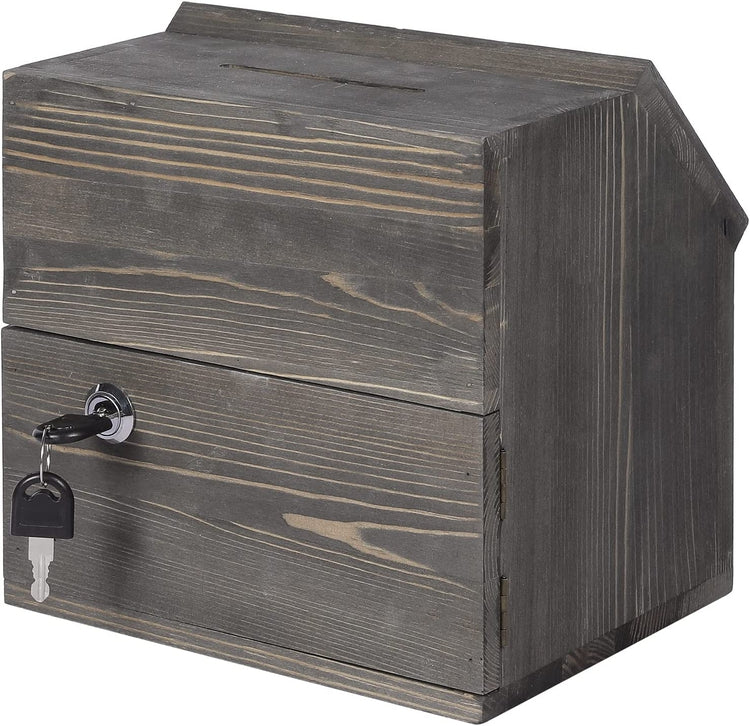 Rustic Gray Wood Donation Collector, Tip Box with Chalkboard, Lock and Key-MyGift
