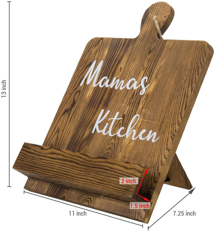 Dark Brown Burnt Wood Cookbook Recipe Holder Stand with White Cursive "Mama's Kitchen"-MyGift