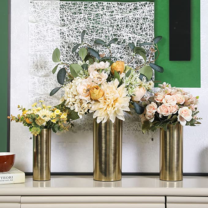 Modern Metal Flower Vase Set of 2, Tall Brass Tone Cylinder Centerpiece Flower Vases-MyGift