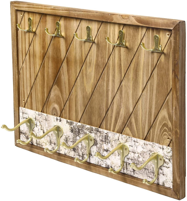 Burnt Wood and Brass Metal Entryway Wall Coat Rack and Key Hooks with Faux Birch Bark Accent-MyGift