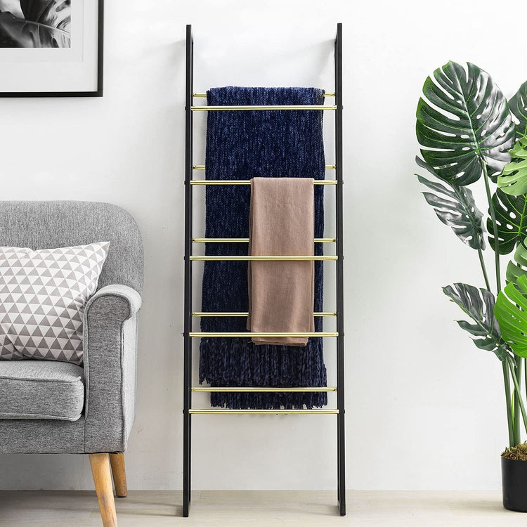 Black and Gold Tone Metal Towel Ladder Rack, Wall Leaning Blanket Holder-MyGift