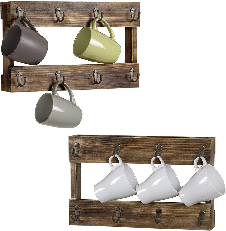 Set of 2 Wall-Mounted Burnt Wood 8 Hook Coffee Mug Hanging Racks, Mug Rack for Kitchen-MyGift