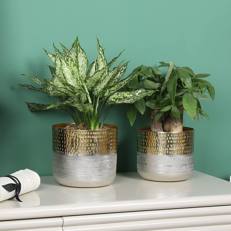 Set of 2, Metallic Indoor Planter Pot, Cylindrical Hammered Gold and Milled Embossed Silver Tone Metal Planter Vase-MyGift