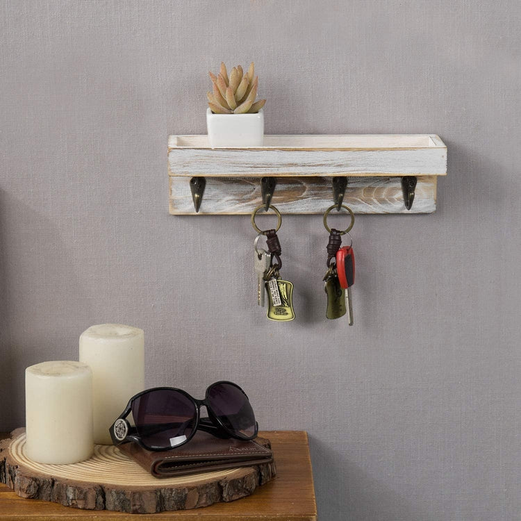 Vintage Whitewashed Wood Wall Mounted Entryway Storage Shelf with 4 Antique Metal Key Hooks Decorative Key Holder-MyGift