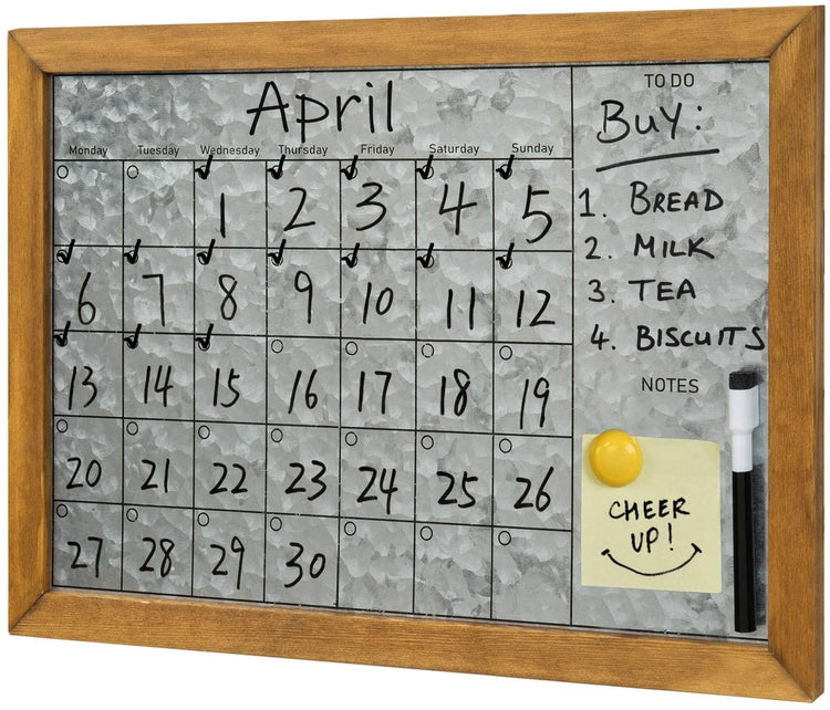 Wall Mounted Galvanized Silver Metal Dry Erase Board Calendar with Brown Wooden Frame-MyGift