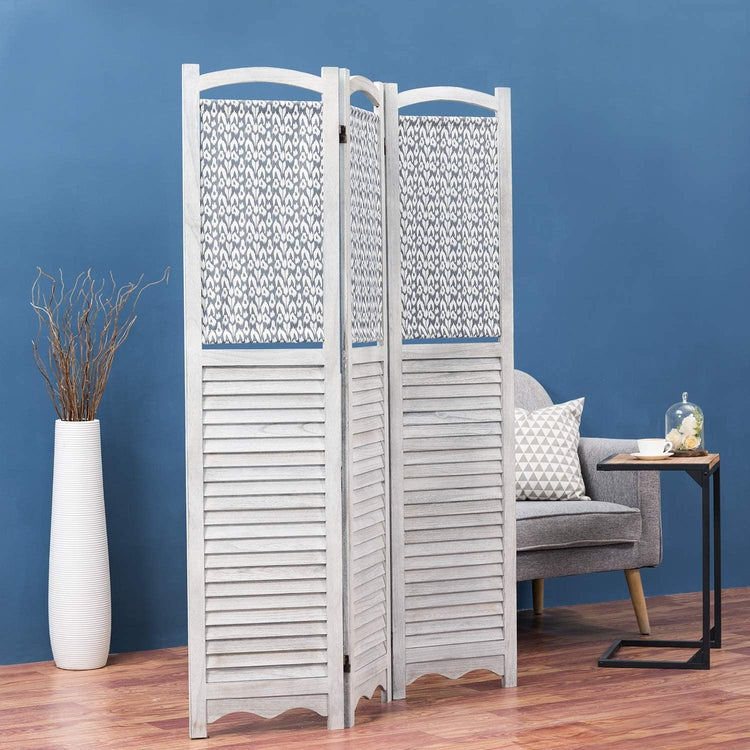 Rustic Gray on White Louvered Design Room Divider with Wood Frame & Decorative Fabric Screen w/ 3-Panels-MyGift
