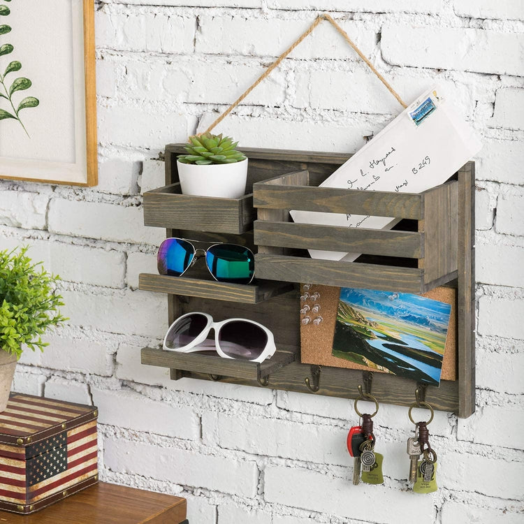 Vintage Gray Solid Wood Wall Hanging Organizer Rack-MyGift