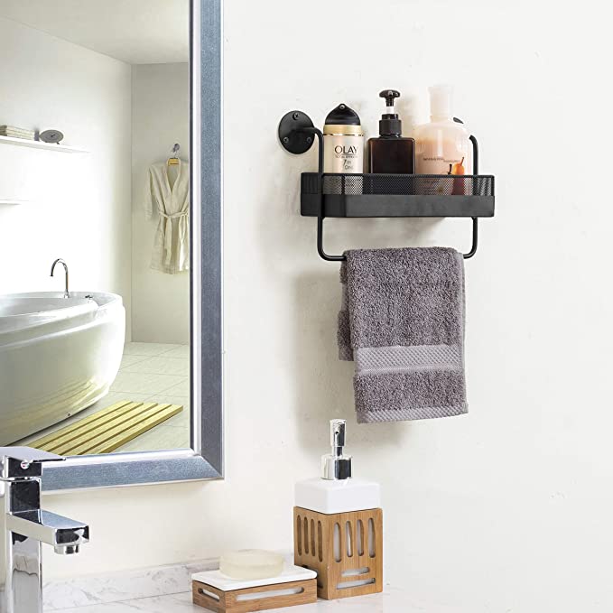 Metal Bathroom Shelf with Hand Towel Bar, Wall Mounted Shower Caddy Basket Shelf-MyGift