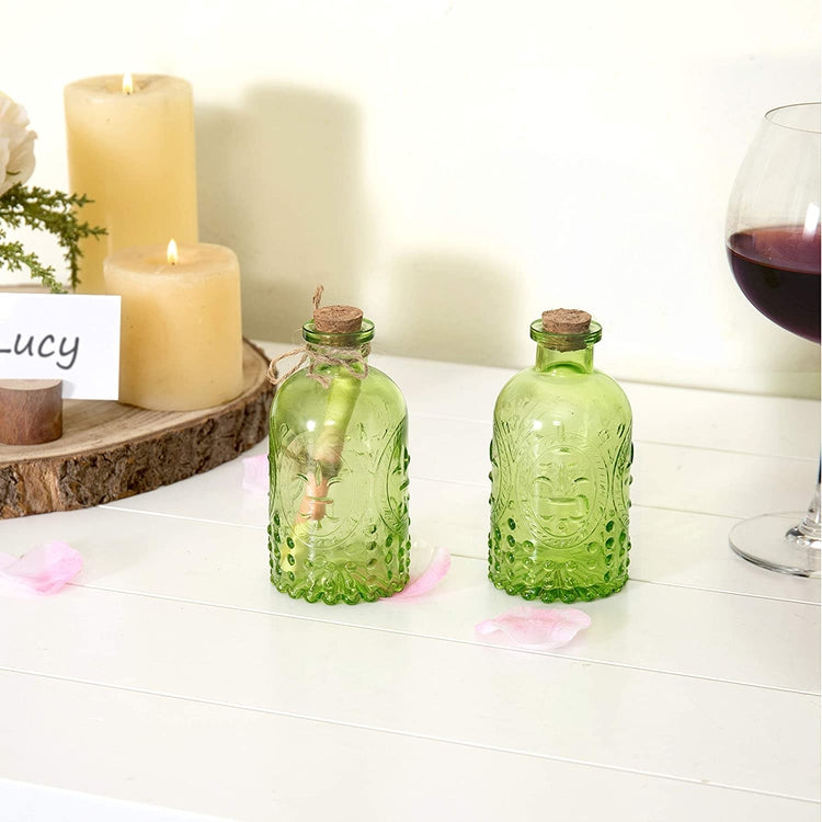 Set of 2 Vintage Design Embossed Green Glass Bottle with Cork Lid-MyGift