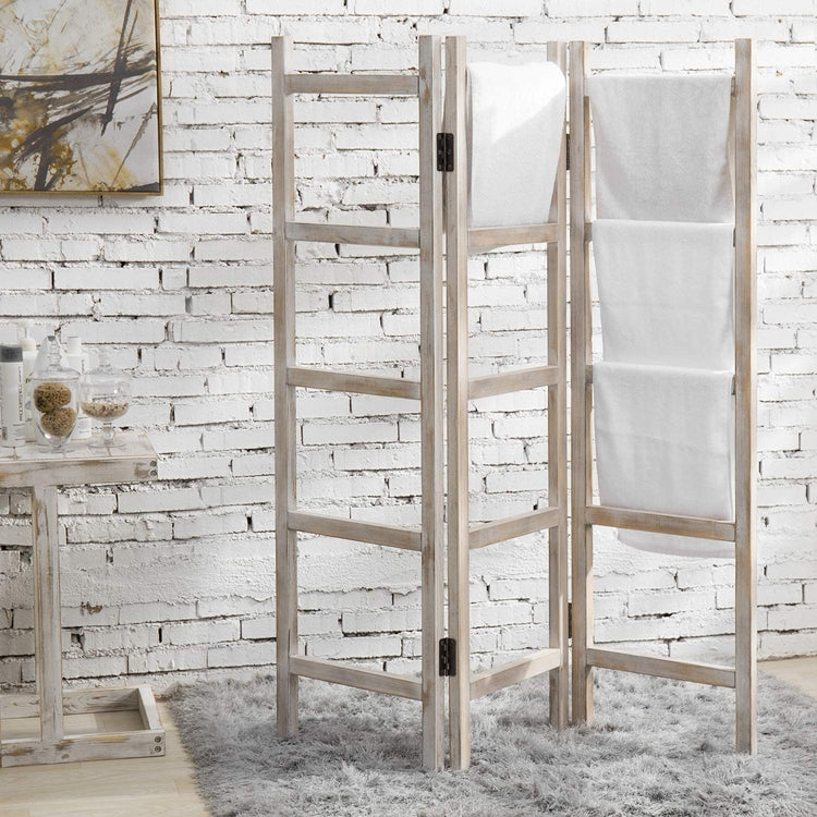 3-Panel Vintage Whitewashed Wood Ladder Style Blanket & Towel Rack-MyGift