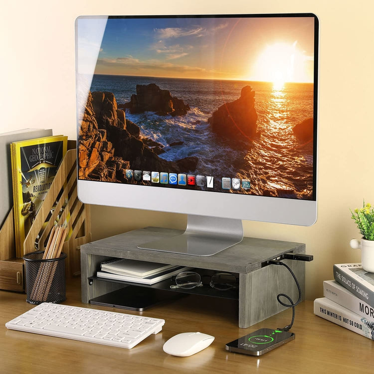 USB Enabled Monitor Stand, Ergonomic Computer Screen Desktop Workstation Riser with USB Ports-MyGift