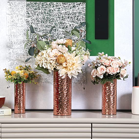 Modern Centerpiece, Decorative Copper Tone Metal Tall Cylinder Flower Vases, Set of 3 (Large, Medium, Small Sizes)-MyGift