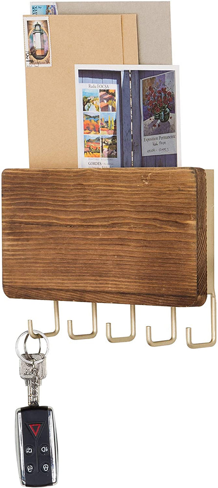 Wood and Brass Metal Entryway Wall Mounted Mail Holder with 5 Key Hook-MyGift