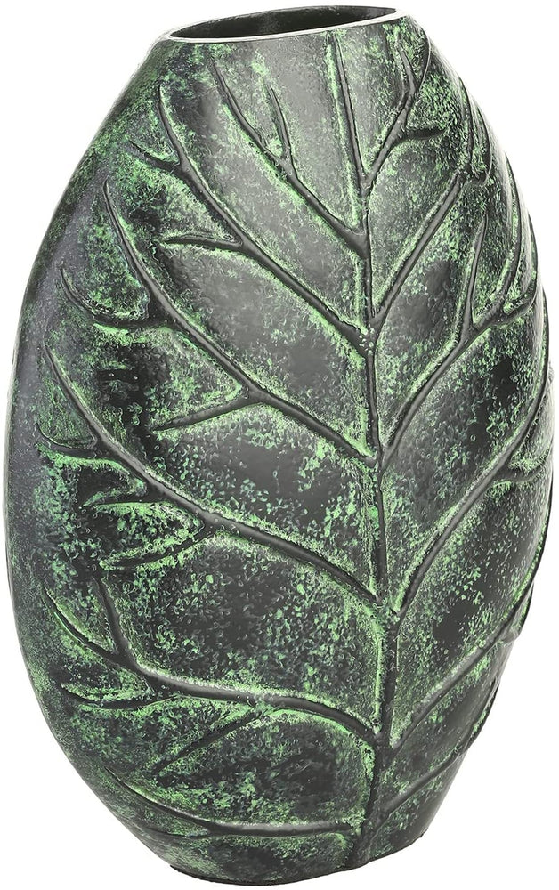 Decorative Flower Vase, Handcrafted Green Aluminum 10 Inch Tall Vase with Intricate Embossed Leaf Design-MyGift