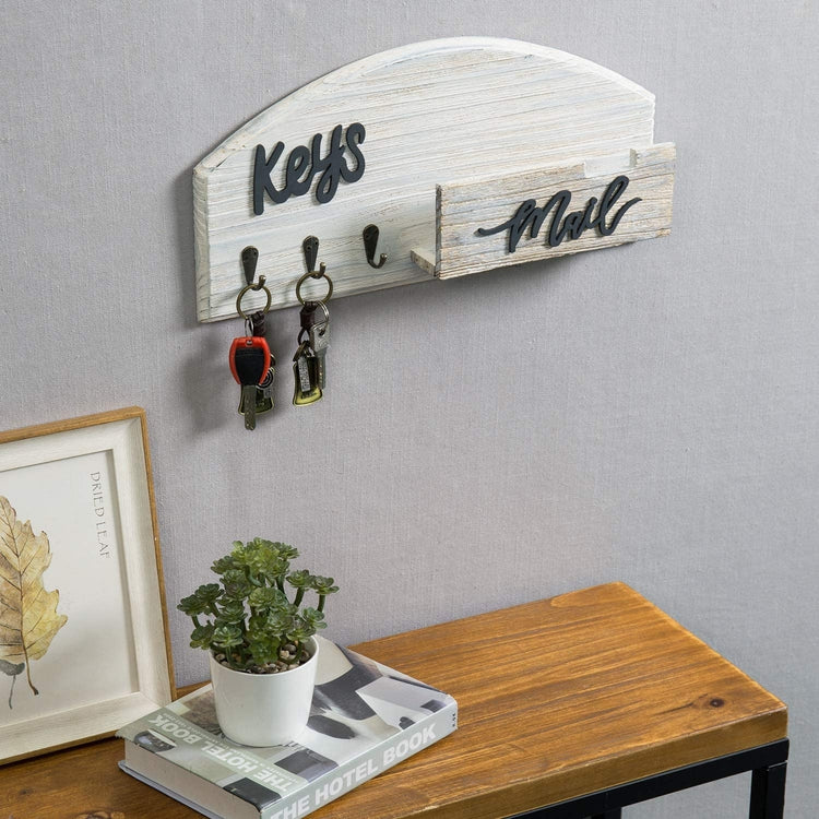 Whitewashed Wood Wall Mounted Entryway Key Holder, Mail Sorter Rack with 3 Hanging Hooks-MyGift