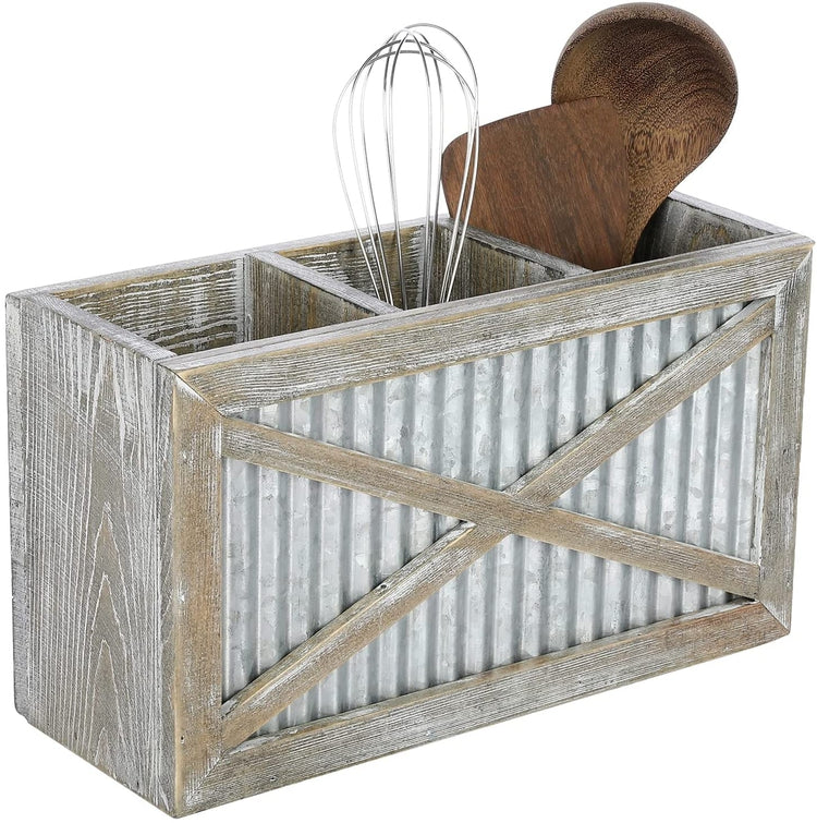 Countertop Kitchen Utensil Holder with Whitewashed Wood and Corrugated Metal, Wall Mounted Cooking Tool Caddy-MyGift