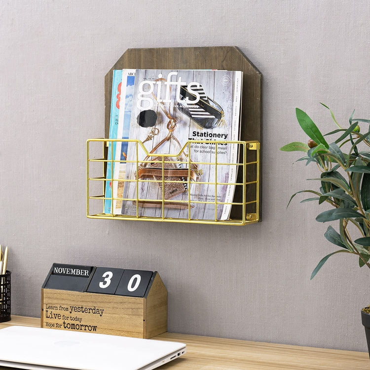 Rustic Reclaimed Style Wood and Gold Tone Metal Wire Basket Wall Mounted Magazine and File Holder Storage-MyGift