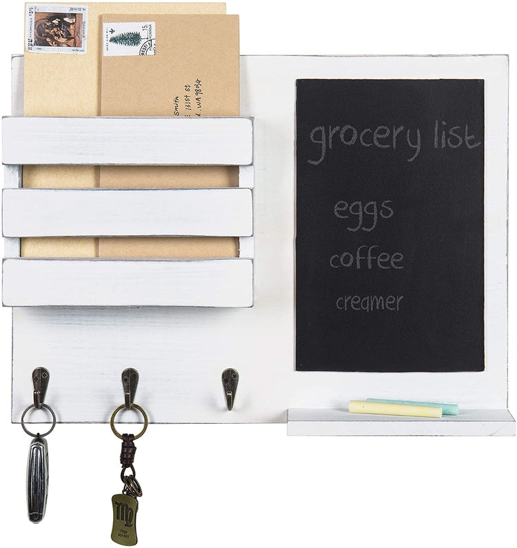 Vintage White Hanging Mail Sorter Rack with Chalkboard & 3 Key Hooks-MyGift