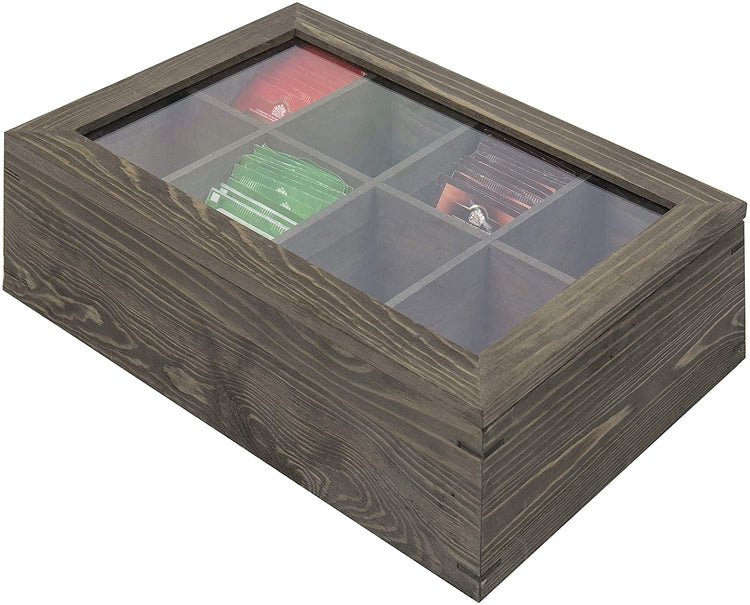 8 Compartment Gray Wood Tea Bag Storage Chest with Clear Lid, Magnetic Lid Tea Box-MyGift