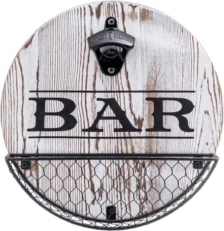 Vintage Bar Sign, Whitewashed Wood Wall Decor and Metal Bottle Opener and Mesh Wire Bottle Cap Catcher Basket-MyGift
