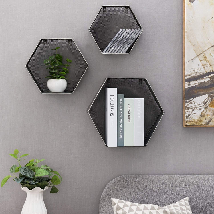 Set of 3, Wall Mounted Hexagon Design Galvanized Silver Metal Floating Shelves with Mesh Backing-MyGift