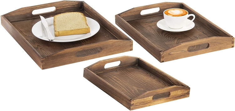 Set of 3 Nesting Brown Wood Serving Trays with Cutout Handles-MyGift