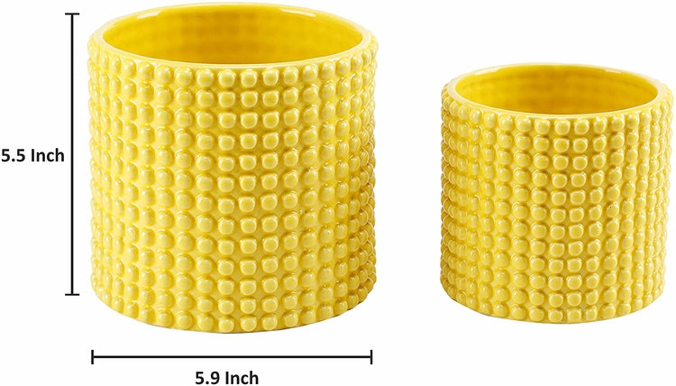 Set of 2 Yellow Ceramic Hobnail Textured Vintage Style Succulent Planters Flower Pots-MyGift