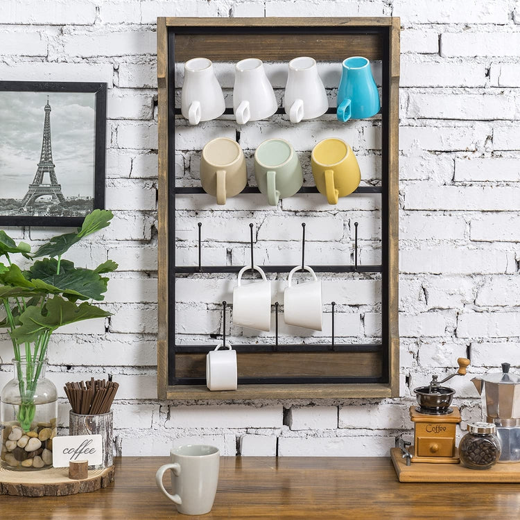 Brown Wood and Black Metal Wall Mounted Coffee Mug Rack, Hanger Hooks Display Shelf for 14 Cups-MyGift