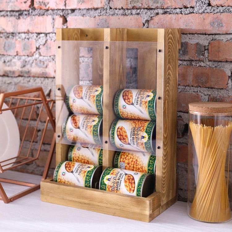 Brown Wood and Acrylic Wall Mounted or Tabletop Stacking Can Organizer Dispenser Rack, Holds 12 Canned Food or Soda Cans-MyGift