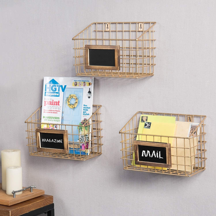 Set of 3 Contemporary Gold Metal Wire Wall Mounted Storage Baskets with Chalkboard Labels-MyGift