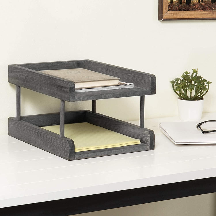 2-Tier Rustic Grey Wood Paper File Organizer Tray, Office Desktop Document Holder-MyGift